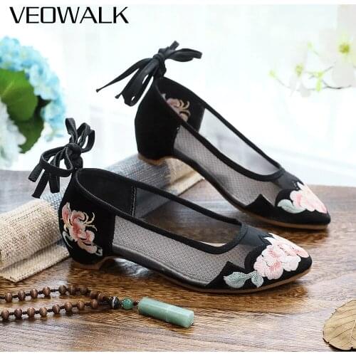 Veowalk 3cm Low Heels Women Gauze Mesh Cotton Fabric Embroidered Shoes Summer Elegant Ladies Casual Comfortable Pumps Black Red
