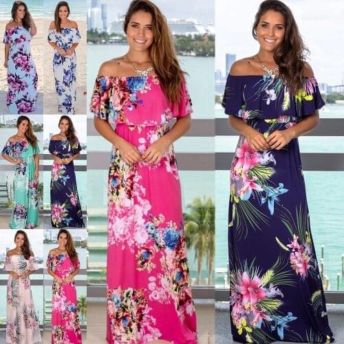 Sexy Strapless Tube Top A-line Dress Bohemian Style Fashion Printing Beach Dresses High Waist Off Shoulder Fitness Robe 6 Colors
