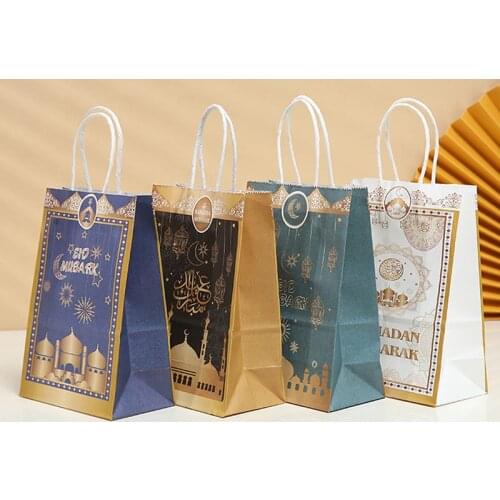 12pcs Party Gift Bag Ramadan Kraft Paper Bag Muslim Eid Mubarak Golden Tote Bags