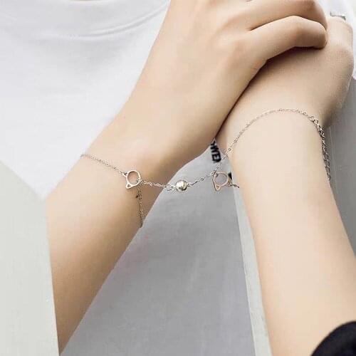 2Pcs/set Creative Magnet Attract Couples Bracelets Best Friend Metal Bracelet Cute Cat Decor Titanium Steel Lovers Jewelry