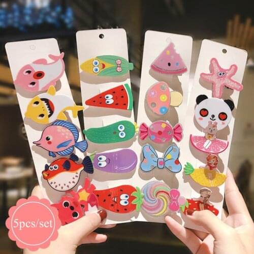 5Pcs/Pack Mixed Style Children Cartoon Hairpins Girls Candy Color Fruit Vegetable Hair Clips Acrylic Barrettes Kids Headwear