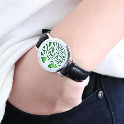 BOFEE Tree Of Life Essential Oil Diffuser Bracelet Leather Wrap Silver Magnet Locket Chain Stainless Steel Aromatherapy Jewelry