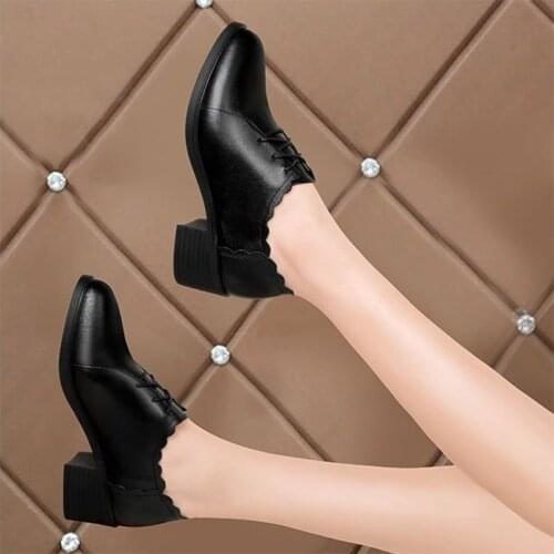 Spring Autumn Oxford Shoes Women Lace Up Leather Shoes Medium Heels Pumps Black Bare boots Wave Ladies Shoes zapatos mujer 8163G