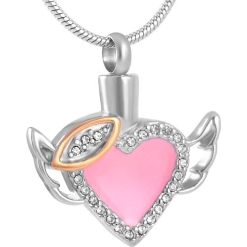 DJX8343 Pink Enamel Heart with Wings Stainless Steel Cremation Jewelry Ashes Holder Keepsake Memorial Urn Pendant for Girl Lady