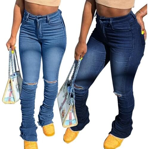 Women Streetwear Ruched Ripped Jeans Blue High Waist Stacked Denim Pants Autumn Stretch Skinny Pockets Boyfriend Denim Trousers