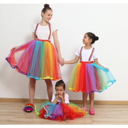 Family Parent-Child Suit Puff 5 Layers Tutu Tulle Skirt Childrens Adult White Cotton T-Shirt Rainbow Suspenders Gauze Skirt