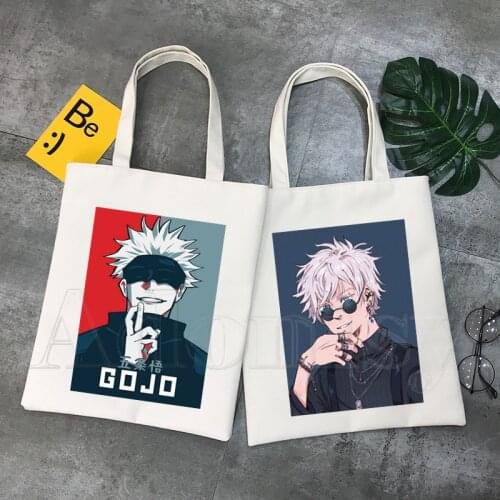 Gojo Satoru Women Canvas Shopping Bag Letters Print Female Cloth Shoulder Bag Eco Handbag Tote Reusable Grocery Shopper Bags