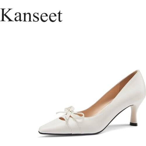 Kanseet Bow-Knot Cow Leather Shoes For Women Square Toe Plus Size High Heels Pumps 2021 New Spring Party Dress Thin Heels Shoes