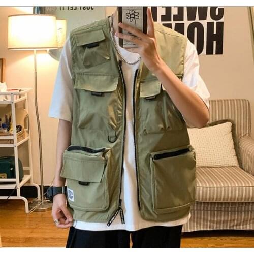 2021Mens Fashion Tooling Vest Men Streetwear Cargo Vest Hip Hop Sleeveless Jacket Gilet Military Multi-Pocket Outdoors Tactical