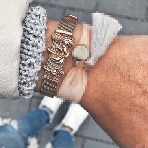 Somsoar Jewelry Hot Sale Mesh Bracelet Set with flamingo & shell & coconut tree & pineapple DIY Slide Charms