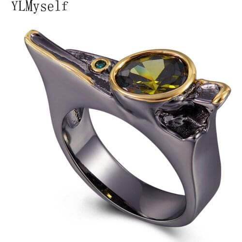Irregular Long shape Cool ring Gun Black Jewelry Green Stone Cocktail party Rings Girl Jewellery