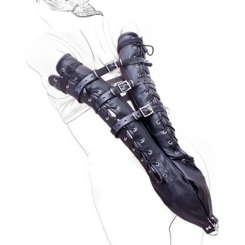 Sexy Exotic Costumes of Bdsm Bondage Black Leather Tight Straitjacket Single Armbinder Glove with Adjustable Harness Strap