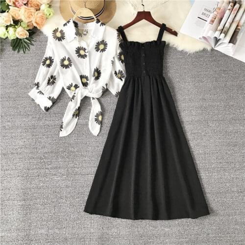 Summer Casual Floral Print Chiffon Shirts + Elegant Button Women Midi Strap Dress 2 Piece Sets Female Plus Size Lady Suit Q202