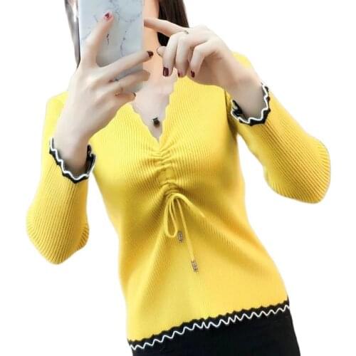 2021 Women Spring Autumn New Korean Of The Bow Tie with Pleated V-Neck Sweater Female Color Matching Long-Sleeved Sweater A573CH