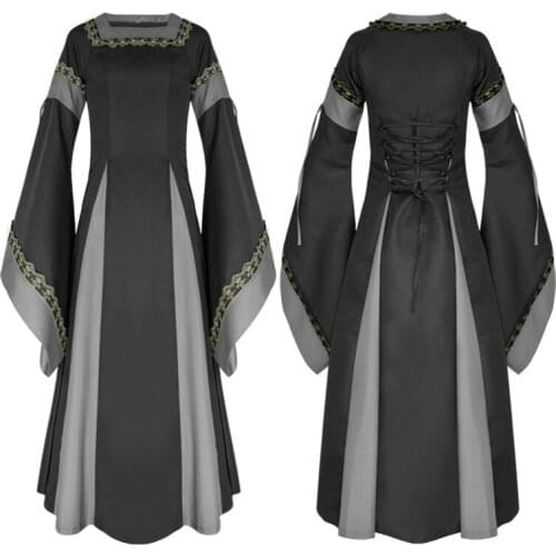 Fashion Flare Sleeve Long Dress Women Renaissance Medieval Dress Halloween Costumes Cosplay Retro Gown Party Stage Clothes XXL