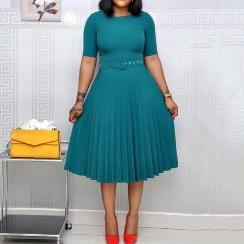 Elegant Office Ladies Dress Summer Half Sleeve Plain A-Line High Waist Belted Mid Calf Pleated Midi Dress Vintage Vestidos 2XL