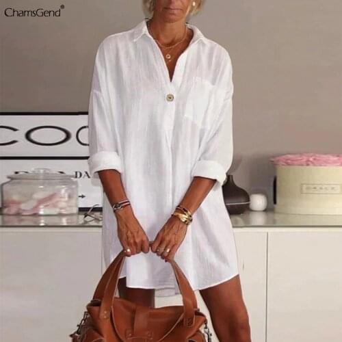 Summer Autumn Long Sleeve Shirt Dress Office Ladies V Neck Linen Solid Dress Casual Loose Streetwear Women Clothes Dropshipping