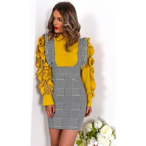 Fashion Women Dress Check Dog Tooth Frill Ruffle Pinafore High Waist Bodycon Party Mini Dress Holiday Casual Slim Dress Vestidos