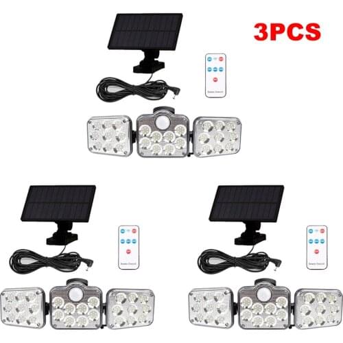 3pcs 138 led remote seperable Solar Light Outdoor Motion Sensor Solar Powered Garden Street Wall lamp 3 Head Waterproof 5M cable