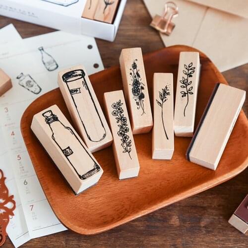 7Pcs Retro Vintage Wooden Rubber Stamp Kit Plants Flowers Mounted Wooden Stamp Set Journal Scrapbooking Craft Planner Diary Seal