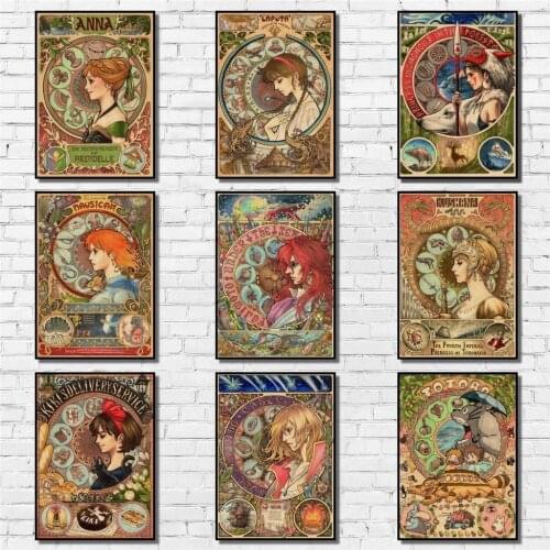 Hayao Miyazaki Anime Role Kraftpaper Poster Mucha Style Painting Abstract Funny Fancy Wall Sticker for Coffee House Bar