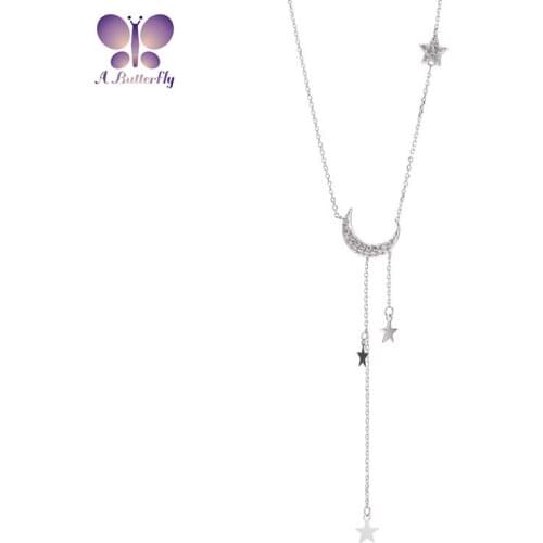 A Butterfly 925 Sterling Silver Simulation Diamond Necklace Sweet Star Moon Tassel Lady Necklace
