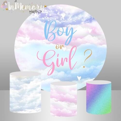 Baby Shower Round Backdrop For Photography Boy Or Girl Gender Reveal Party Background Pink Blue Clouds Decor Plinth Covers
