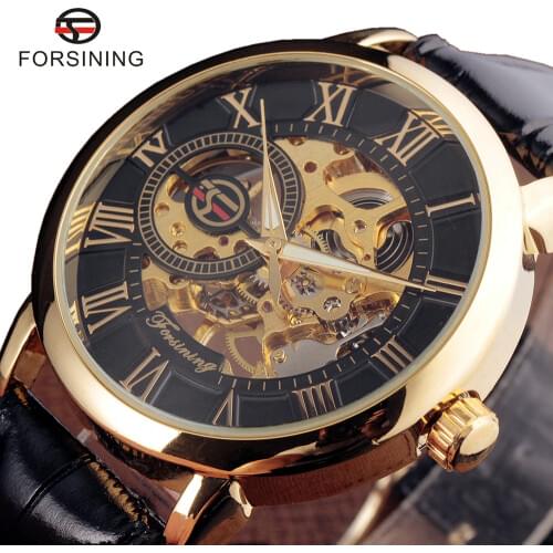 Forsining 3d Logo Design Hollow Engraving Black Gold Case Leather Skeleton Mechanical Watches Men Luxury Brand Heren Horloge