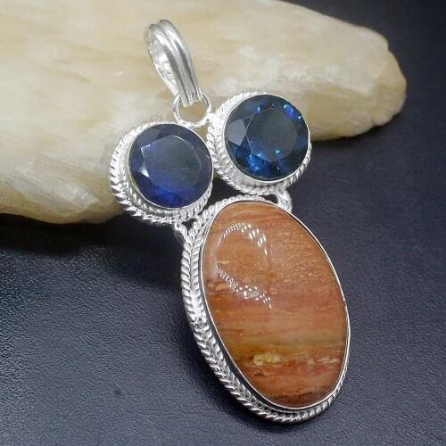 Gemstonefactory Jewelry Big Promotion 925 Silver Natural Ocean Jasper Blue Topaz Women Ladies Gifts Necklace Pendant 0468