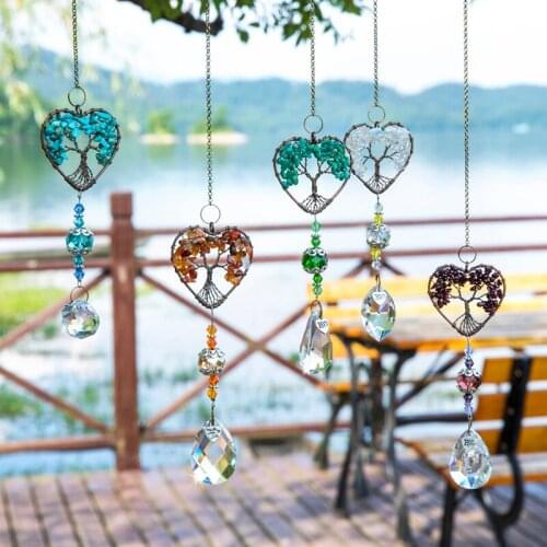 H&D 5 Colors Handmade Suncatchers Crystal Tree of Life Pendant Rainbow Maker Heart Decor Window Hanging Ornament Car Charms