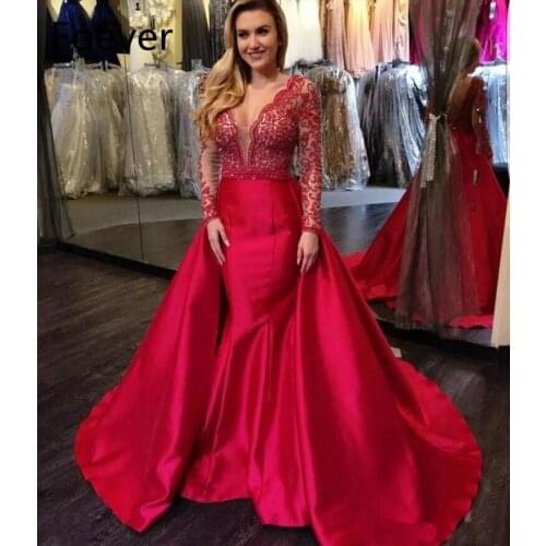 Stunning Sheer Red Lace Satin Evening Dress Modest V Neck Long Sleeves Formal Party Gown Custom Made Plus Size Formal Dress