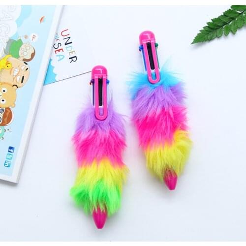 Kawaii Plush Plastic 6 in 1 Ballpoint Pen Students Stationery Colorful Soft Writing Pens School Office Supplies Girls Gift