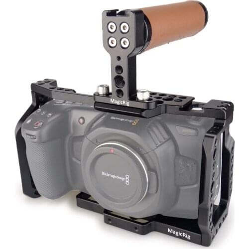MAGICRIG BMPCC 4K Cage With Top Leather Handle for Blackmagic Pocket Cinema Camera BMPCC 4K /BMPCC 6K to Mount Microphone Flash