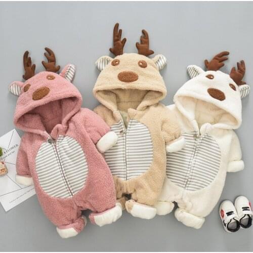 Baby Autumn Winter Rompers Plus Velvet Newborn Christmas Deer Jumpsuit Infants Boys Girls Hooded Warmn Ovearalls