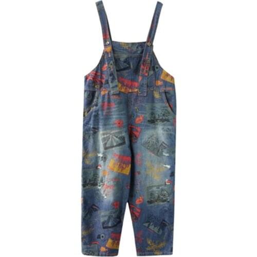 Summer Women Sleeveless Overalls Cool Denim Jumpsuit Floral Print Casual Vintage Mom Jeans Jumpsuits ladies Jumpsuits Plus Size
