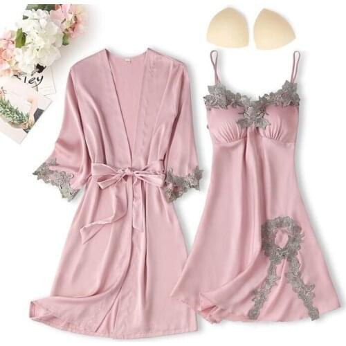 Women Sexy Lace Rayon Robe Sets 2PCS Kimono&Nightgown Sleep Suit Summer Bride Dressing Bathrobe Gown Lingerie Lounge Home Dress