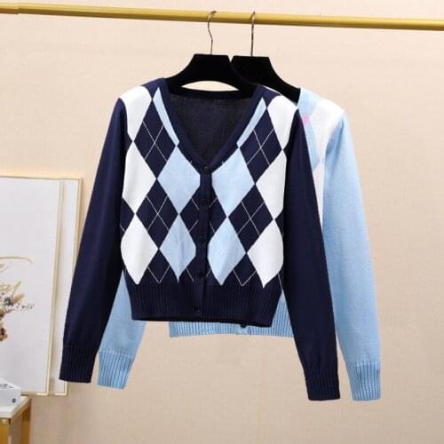 Fashion Women Cardigan Vintage Stylish Geometric Pattern Short Knitted Sweater Long Sleeve England Style Outerwear Chaqueta