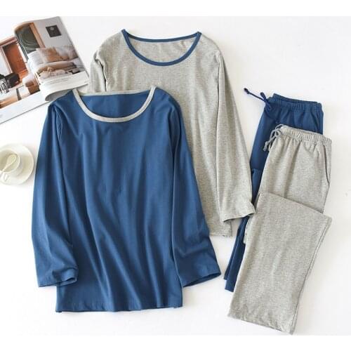 Mens Knitted 100% Cotton Pajamas Thin Long-sleeved Homewear O-Neck Solid Men Sleepwear Plus Size Sleep Set 2 Piece Wholesale