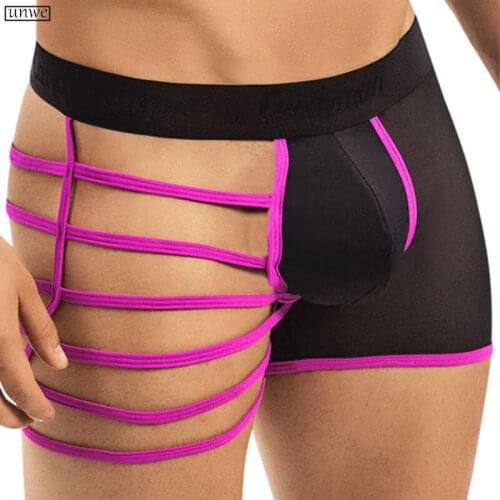 Hollow Bandage Mens Sexy U Pouch Underwear Translucent Ice Silk Cross Boxer Shorts Funny Gay