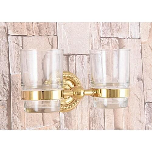 Wall Mounted Luxury Gold Color Brass Bathroom Toothbrush Holder Set Bathroom Accessory Dual Clear Glass Cup mba600