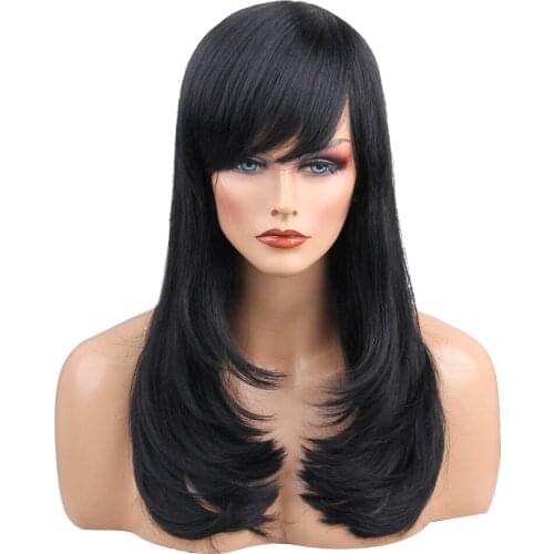 Natural Silky Long Wavy Straight Wavy Human Hair Wig Black Wigs Side Bangs For Women,Fashion Style