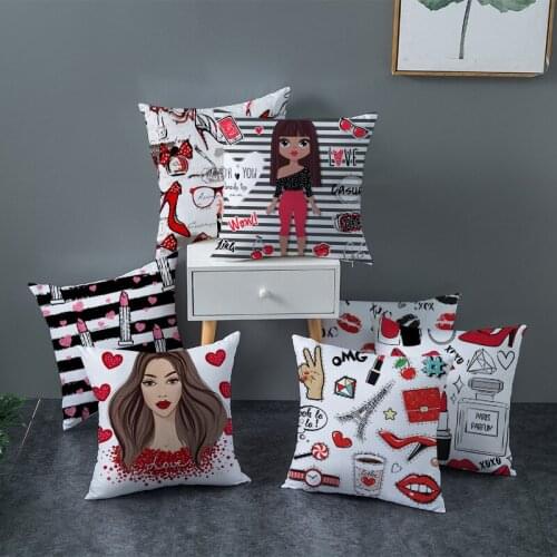 2021 New Lolita Girls Pink Cartoon Cushion Covers Cosmetics Print Modern White Pillows Cover Decorative Sofa Couch Pillowcase
