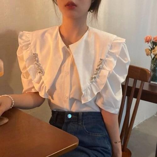 2021 Summer New Korean Style Pure Color Trendy Irregular Rhinestone Lapel Puff Sleeve Shirt for Women blouse