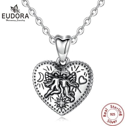 Eudora 925 Silver Love god Cupid angel Pendant Necklace Solid Silver Heart Love Necklaces Fine Jewelry for Lover wife gift D462