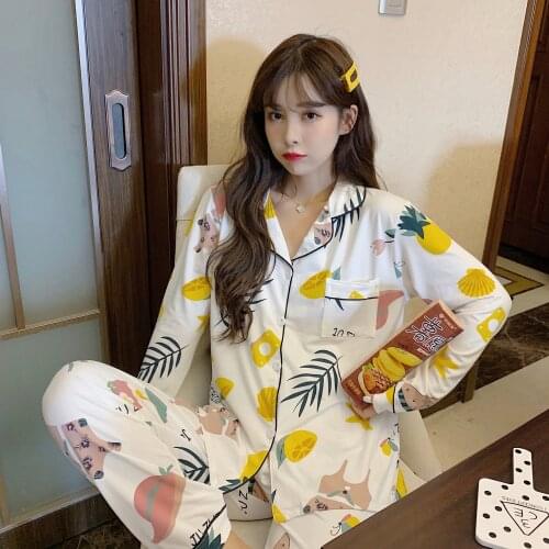 Korean Cartoon Printed Girls Pajamas Set Cute Winter Long Sleeve Leisure Sleepwear For Women Loose Nightwear Homewear Suit