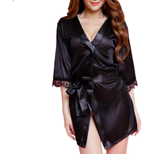 Deep V Women Sexy Underwear Middle sleevees Tempation Bandage Sleepwear Lace Silk Nightdress Robe Dress ropa mujer