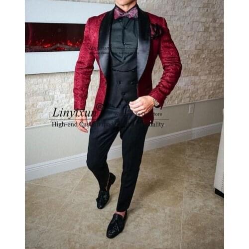 Burgundy Embossing Groom Tuxedos Black Velvet Lapel Groomsmen Wedding Dress Excellent Man Blazer 3 Piece (Jacket+Pants+Vest)