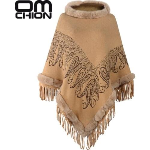 OMCHION Fake Fur Collar Knitted Poncho Tassel Solid Coat 2021 Women Casual Loose Shawl Female Vitage Thick Winter Clothing