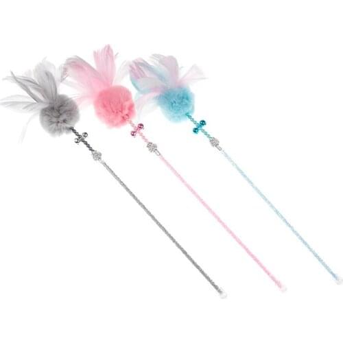50pcs Pet Cat Kitten Toys Playing Toy Rabbit Fur Ball Cats Teaser Fishing Pole Sticks with Feather W0109