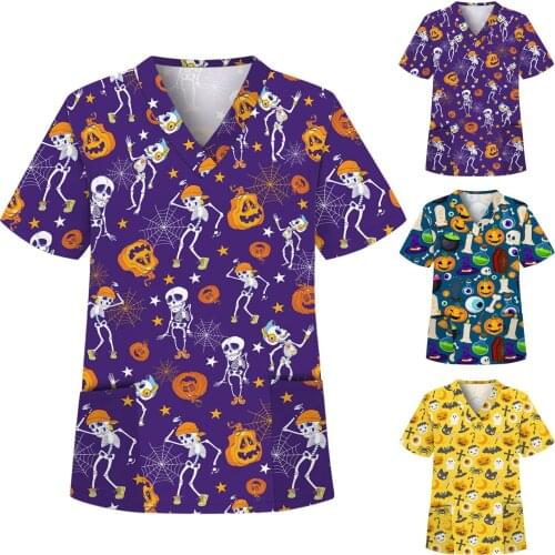 Halloween Medical Uniforms for Women Short Sleeve V-neck Tops Working Uniform Blouse 2021 Plus Size uniforme enfermera mujer